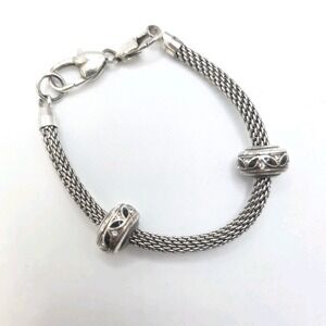 BRIGHTON 'Beverly Glam' Bracelet Silver Plate Mesh 2 Charms Crystal Accent 6.75"